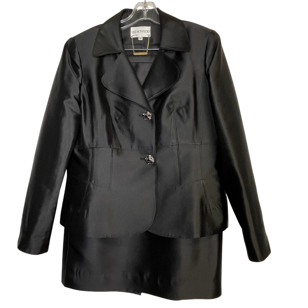 Lily‎ & Taylor Vintage Black Silk Wool Skirt Suit Rhinestone Buttons 12 USA